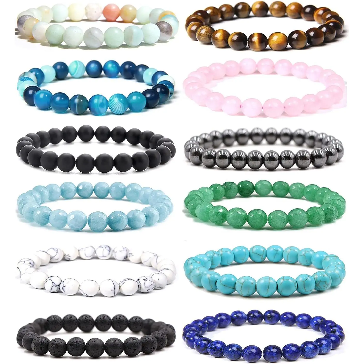 12Pcs Healing Stone Beaded Bracelets for Women Men Stones Bracelets Unisex Adjustable Stretch Bracelets 8MM Tiger's Eye Rose Quartz Lava Rock Amazonite Howlite Green Aventurine Agate Stone Beads Set for Daily Wear Stress Relief Yoga Gift