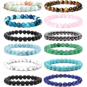 12Pcs Healing Stone Beaded Bracelets for Women Men Stones Bracelets Unisex Adjustable Stretch Bracelets 8MM Tiger's Eye Rose Quartz Lava Rock Amazonite Howlite Green Aventurine Agate Stone Beads Set for Daily Wear Stress Relief Yoga Gift