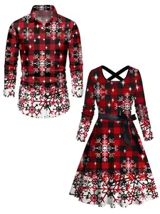 2025 Christmas Couple Outfit Women's Snowflake Plaid Print Belted Long Sleeve Dress And Men's Button Up Long Sleeve Shirt Matching Outfit