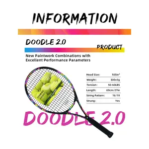 2026 Upgraded Model Doodle 2.0, Professional Carbon Tennis Racket 105in² Oversized Defensive Control | Pre-strung 50-60lbs | Empty Racket 280g Plus or minus 10 grams | Dazzling Graffiti Design | Suitable For Major Players