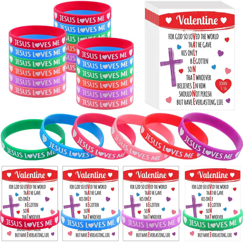 72Pcs Christian Valentine Gifts Set Bible Verse John 3:16 Silicone Bracelets with Cards Jesus Loves Me Rubber Wristbands for Youth Group Church Sunday School Valentine Classroom Exchange Party Favors Non Candy Goody Bag Gifts