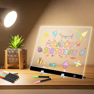 Acrylic Dry Erase Board With LED Lights - 13.77 "x9.84" Illuminated Graffiti Board, Illuminated Message Marker Board With Stand And 7 Markers With Hooks, Cleaning Cloth For Office, School, Home, DIY Drawing