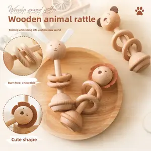 Newborn Beech Wood Animal Rattle, Baby Soothing Teether, Kids Educational Grasping Toy Rattle