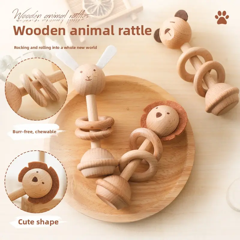 Newborn Beech Wood Animal Rattle, Baby Soothing Teether, Kids Educational Grasping Toy Rattle
