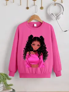 Girl's Cartoon Figure Print Drop Shoulder Casual Cozy Sweatshirt, Fashion Casual Long Sleeve Round Neck Pullover for Daily Outdoor Wear, Girls Clothing for Fall & Winter, Cute Cartoon Clothes