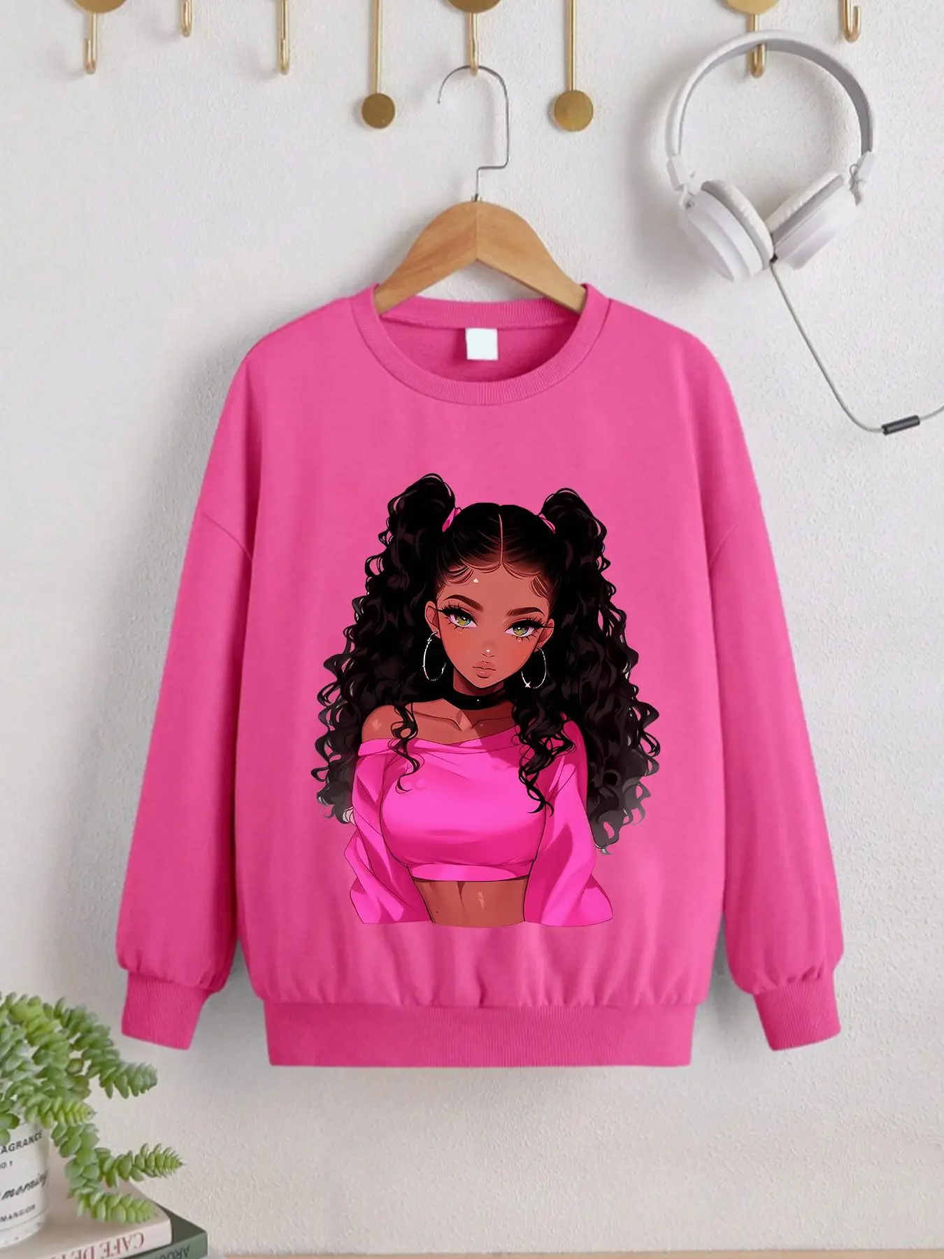 Girl's Cartoon Figure Print Drop Shoulder Sweatshirt, Fashion Casual Long Sleeve Round Neck Pullover for Daily Outdoor Wear, Girls Clothing for Fall &