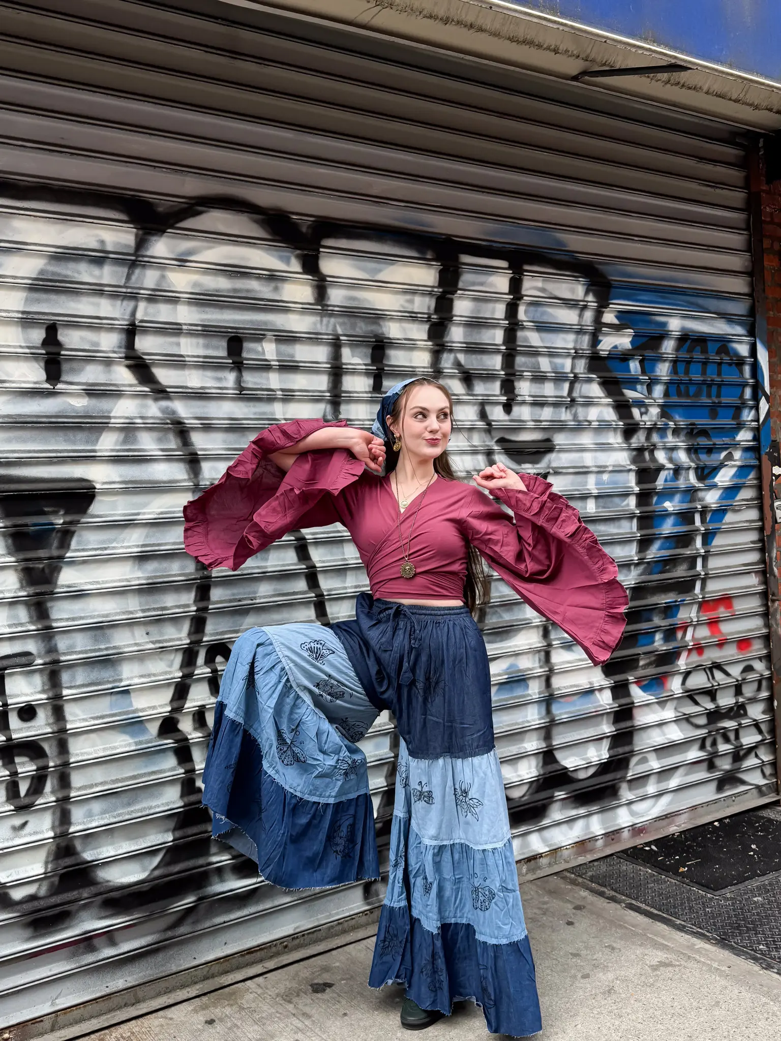 Flowy Denim Tiered Wide Leg Pants, Block Print Palazzo Pant with Pockets, Free Spirit Style, Boho Hippie Pants, Goth Inspired Multicolor Pant