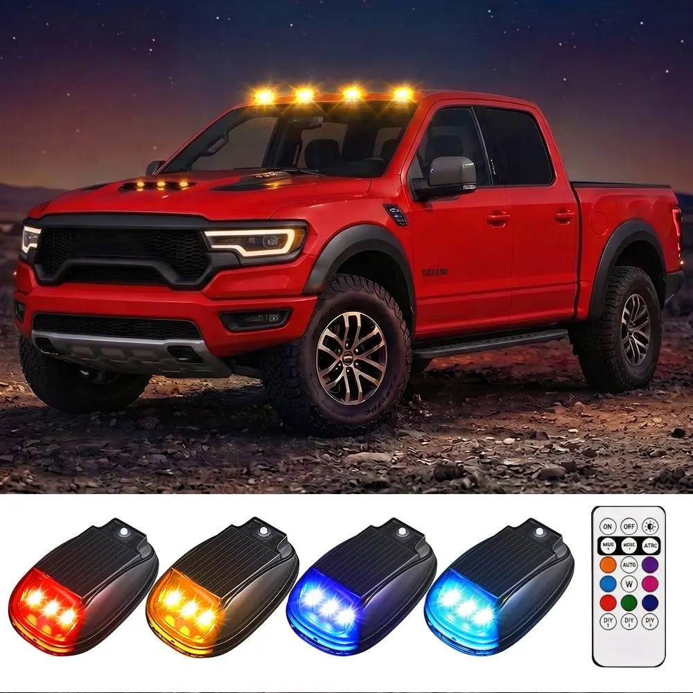 Solar Car Roof RGB Strobe Light with Remote Control Cab Signal Lamp Wireless No Punch LED Truck Pickup Warning Lights for Camping Enhanced Night Visibility & Interior Lighting
