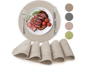 Woven Round Braided Placemats Set - 6 Pieces of Non-Fading Polypropylene and Cotton, Heat-Resistant, Non-Slip, and Hand Washable Tableware