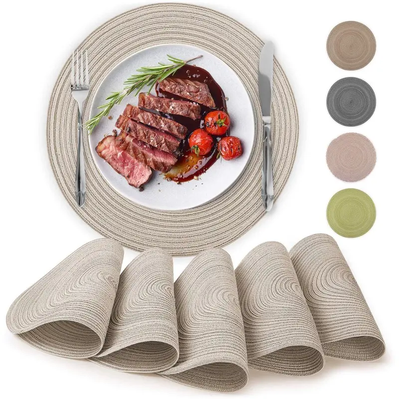 Woven Round Braided Placemats Set - 6 Pieces of Non-Fading Polypropylene and Cotton, Heat-Resistant, Non-Slip, and Hand Washable Tableware