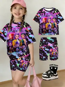 Girls' Summer Kpop Series T-Shirt Shorts Set, Dot Battle Girl Group Print, Casual Streetwear, Perfect Gift for Kids