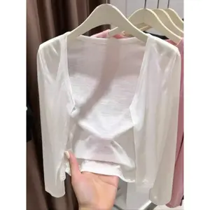 Lightweight and transparent spring/summer women's cardigan sweater with long sleeves and front split layering, perfect for casual knitwear and women's clothingRAIMENTRY