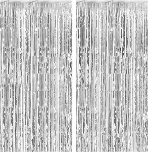 2 Pack Foil Curtain Backdrop Silver Metallic Tinsel Foil Fringe Curtains Photo Booth Props for Birthday Wedding Baby Shower Bachelorette Christmas