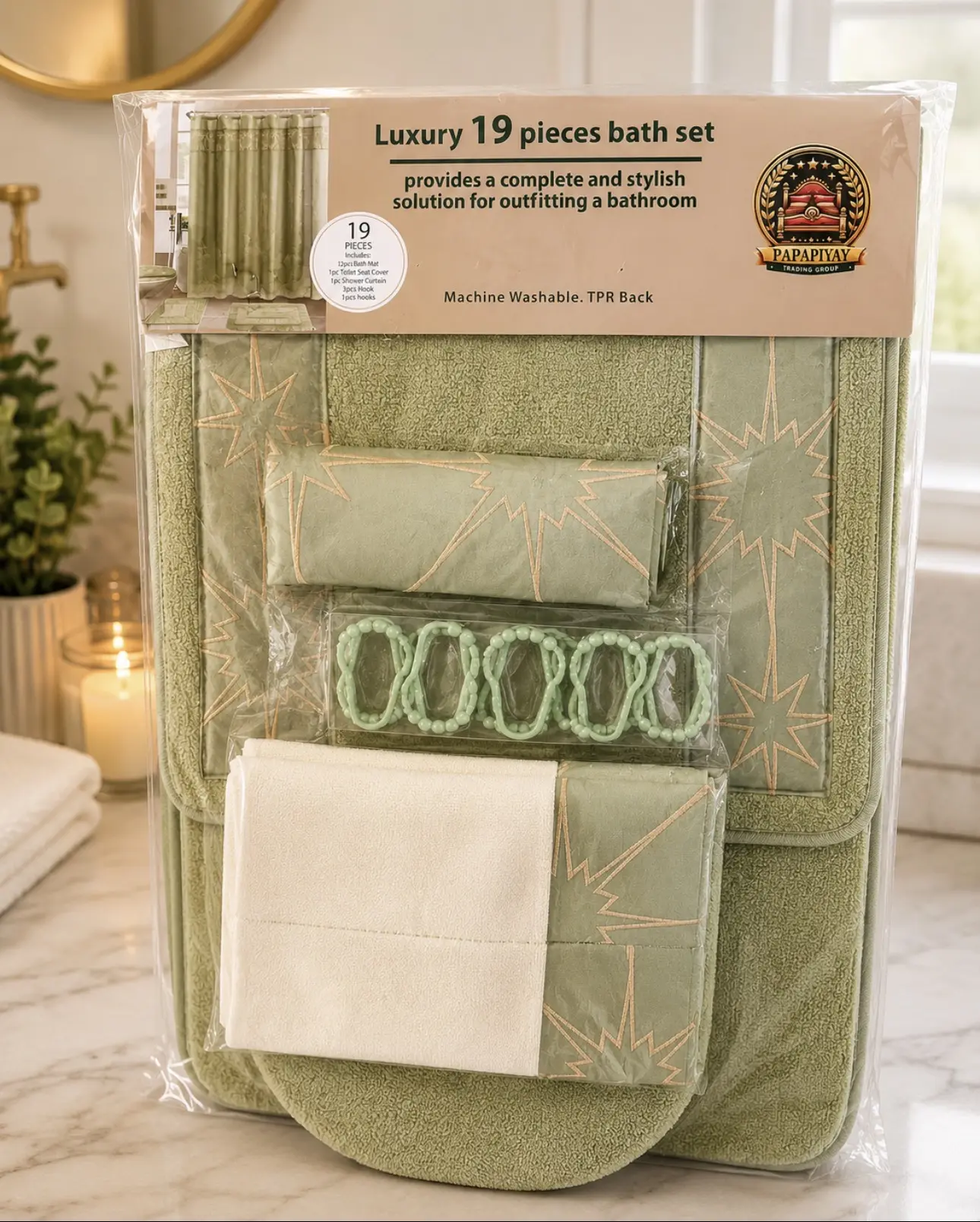 Luxury 19-Piece Bathroom Set Includes 2 Bath Mats Toilet Seat Cover Shower Curtain 3 Towels 12 Hooks Complete Ensemble for Coordinated Look Decorative Versatile Design