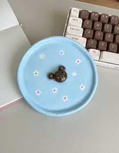 Cute Brown Bear Clay Trinket Tray | Kawaii Bear With Flowers Jewelry Holder