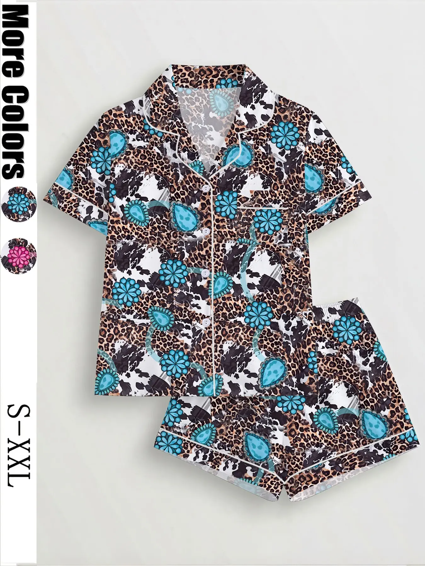 Women's Leopard Print Pajama Set, Pajamas Sleepwear, Short Sleeve Button Front Top & Elastic Shorts, Casual Fitted Sleepwear Loungewear, Ladies Loungewear, Loungewear Pjs, All Seasons Comfort