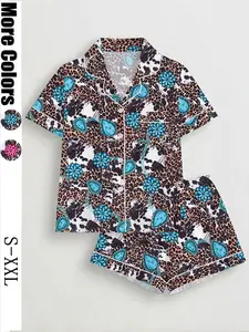Women's Leopard Print Pajama Set, Short Sleeve Button Front Top & Elastic Shorts, Casual Fitted Sleepwear, All Seasons Comfort