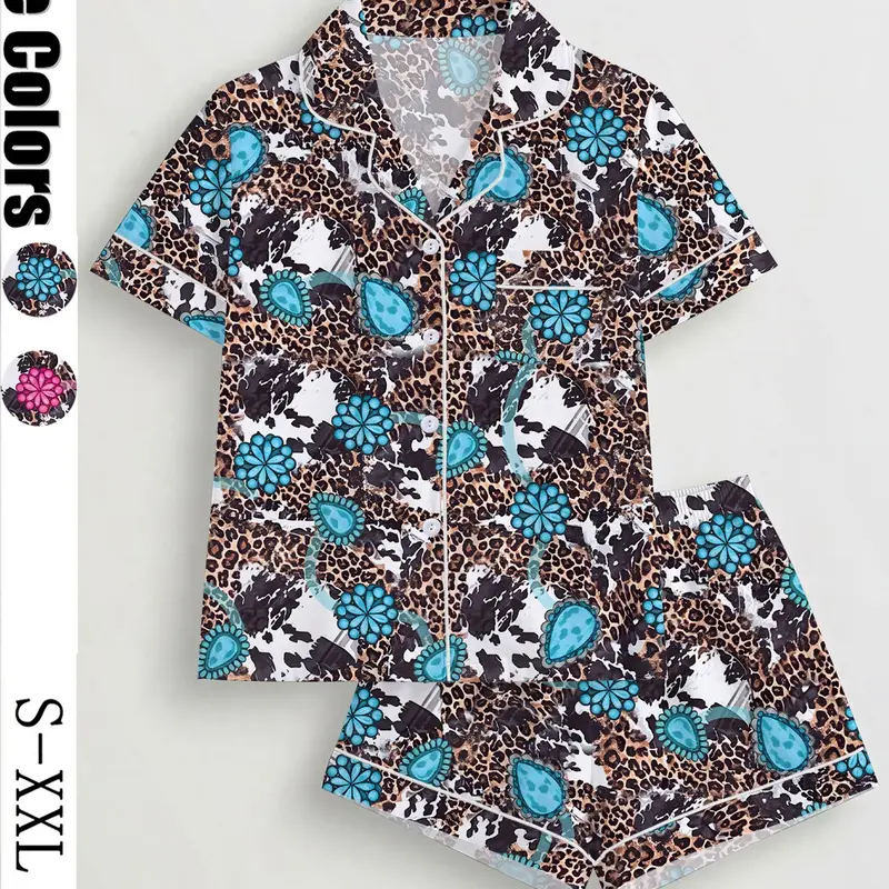 Women's Leopard Print Pajama Set, Pajamas Sleepwear, Short Sleeve Button Front Top & Elastic Shorts, Casual Fitted Sleepwear Loungewear, Ladies Loungewear, Loungewear Pjs, All Seasons Comfort