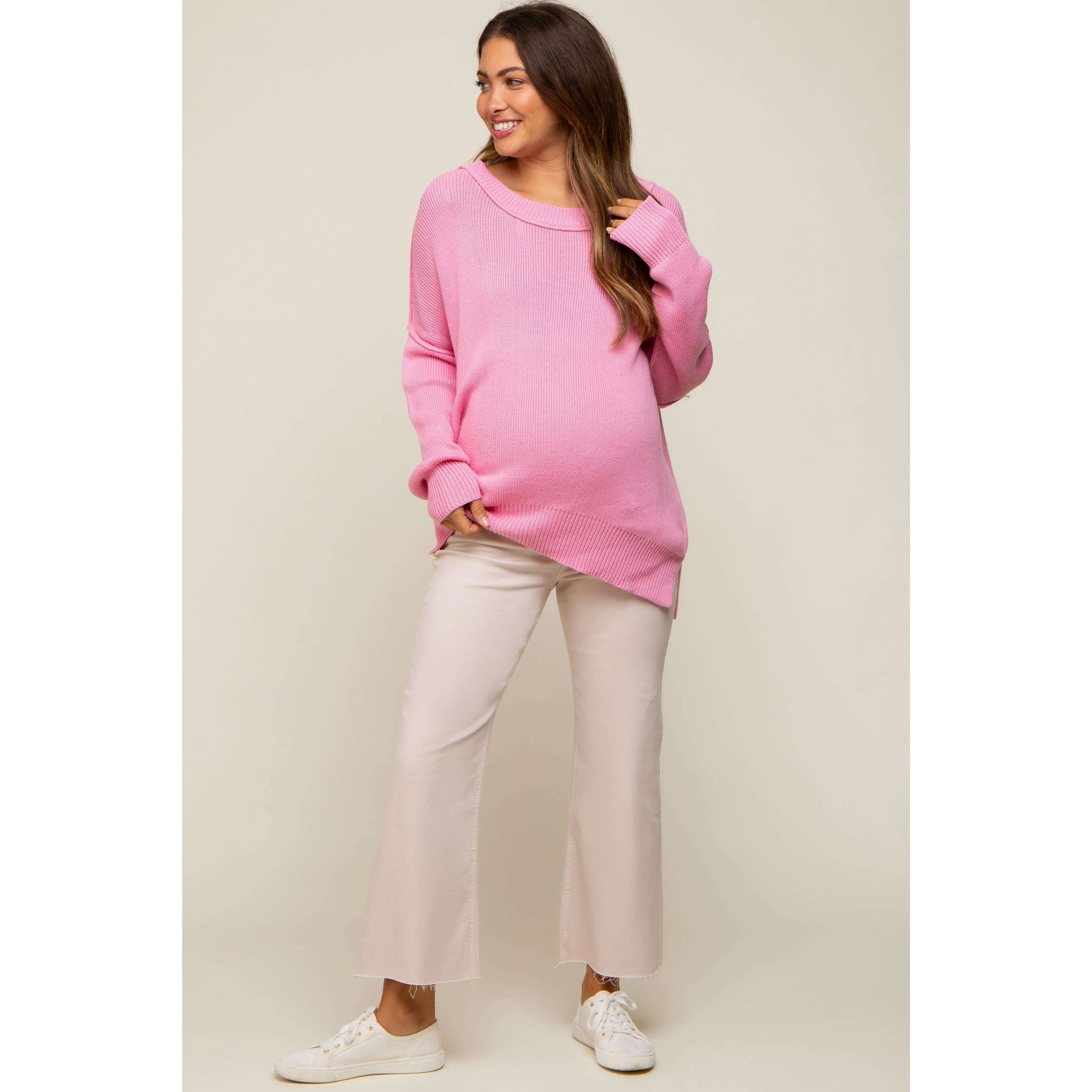 Pink Exposed Seam Side Slit Maternity Sweater