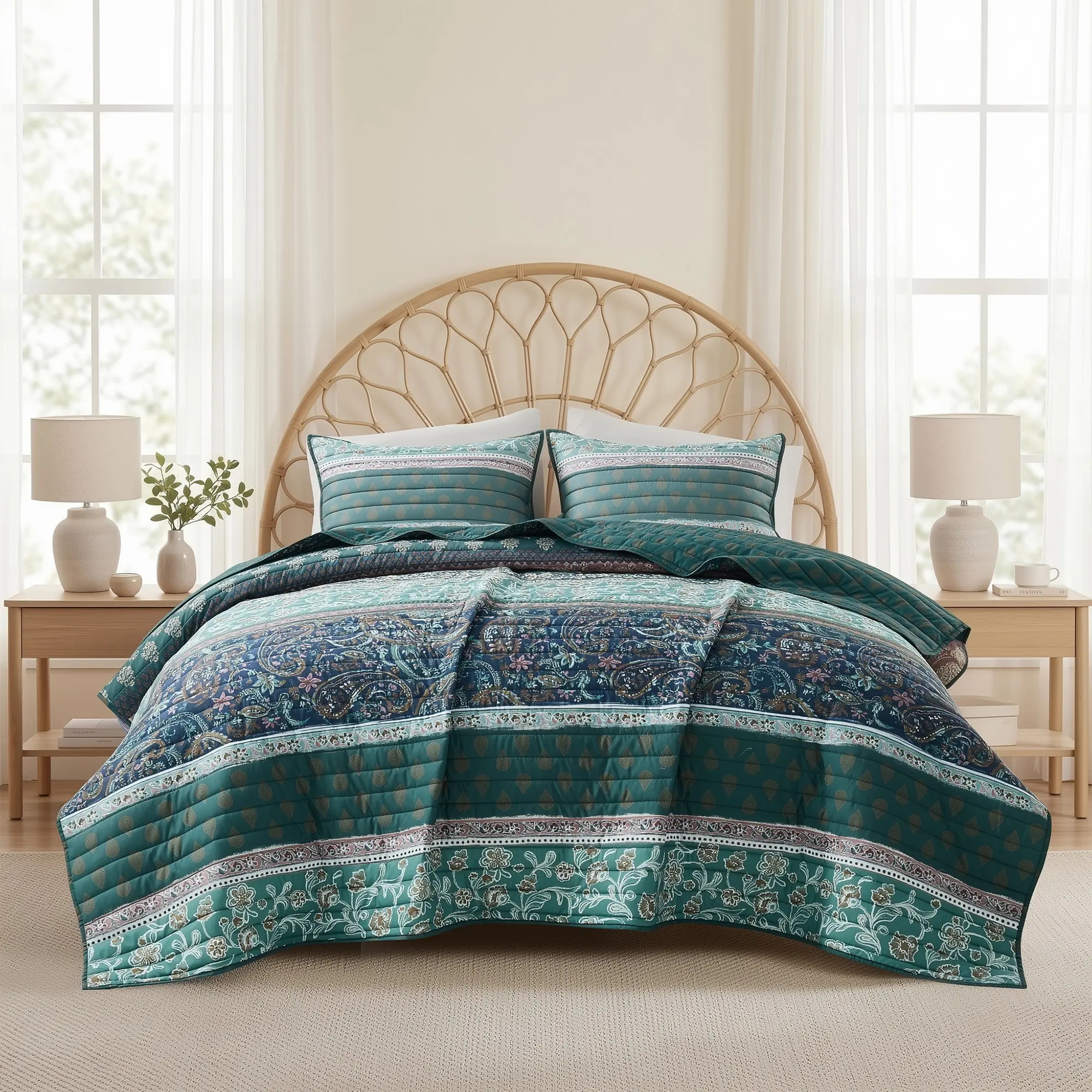 Boho Paisley Striped Quilt Set, Vintage Bohemian Floral Patchwork Reversible Quilt Bedding