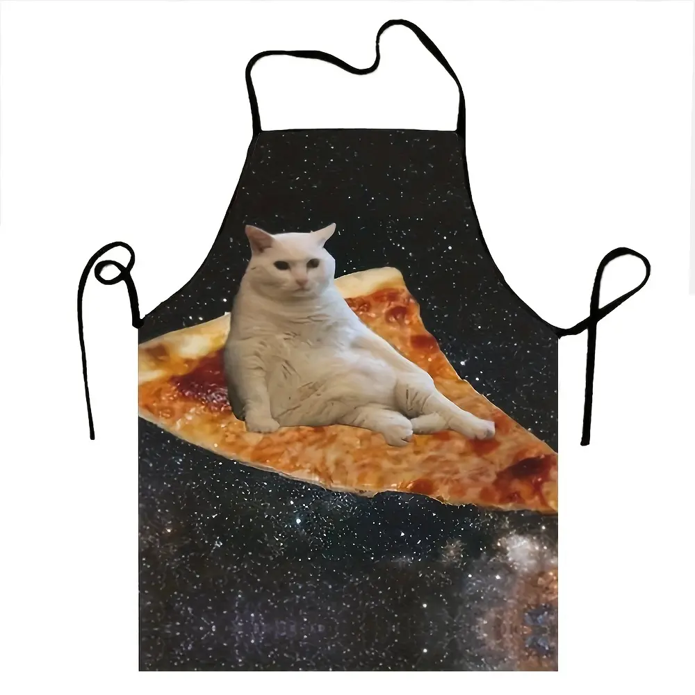 Stylish Black Cooking Apron Featuring an Adorable White Cat And Pizza Design - Made from Durable Polyester, Perfect for Culinary And Household Chores