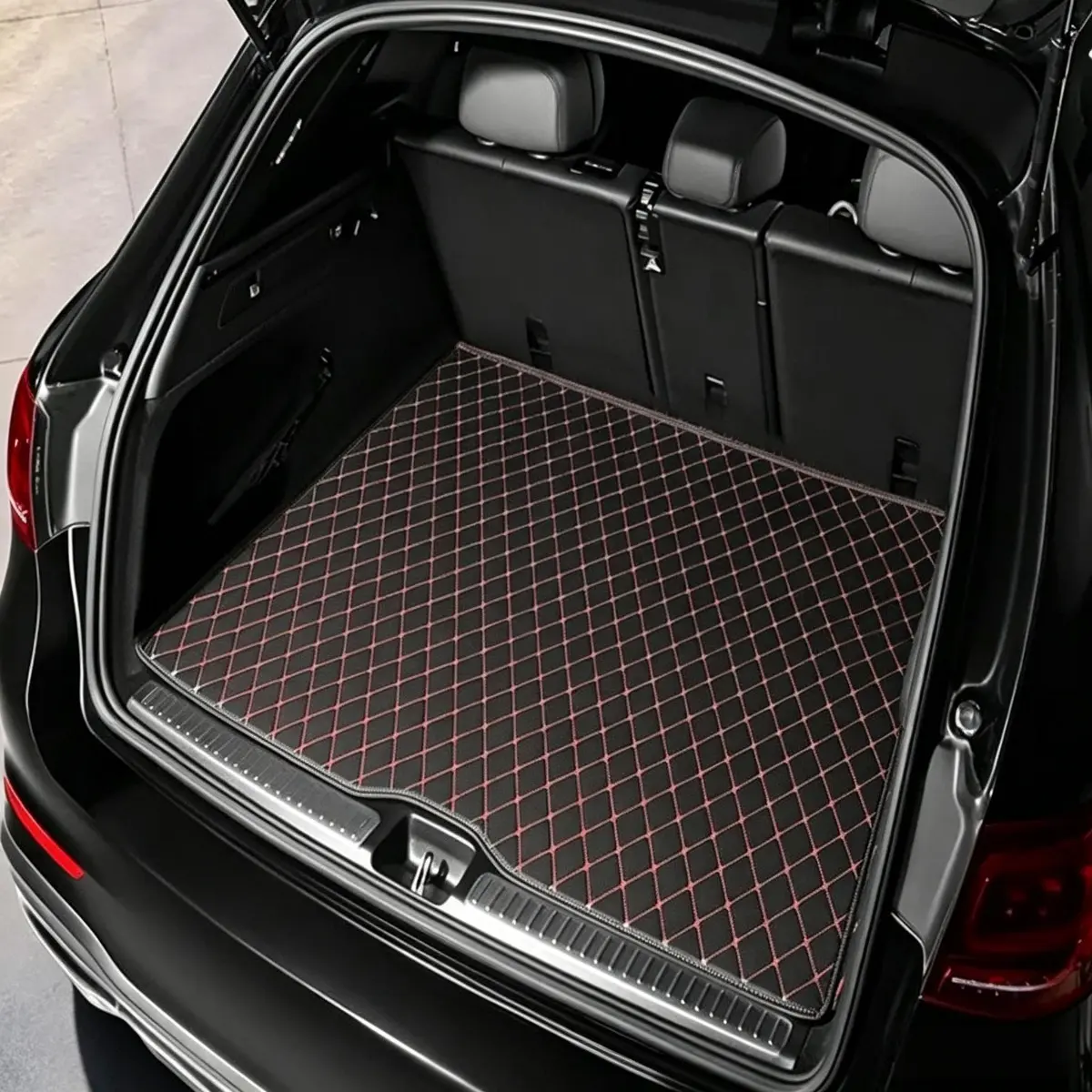 Waterproof Trunk Mat Universal Fit Heavy Duty Cargo Liner for SUV Sedan Truck All Weather Protection Non Slip Leather Grain Easy Clean Black Red