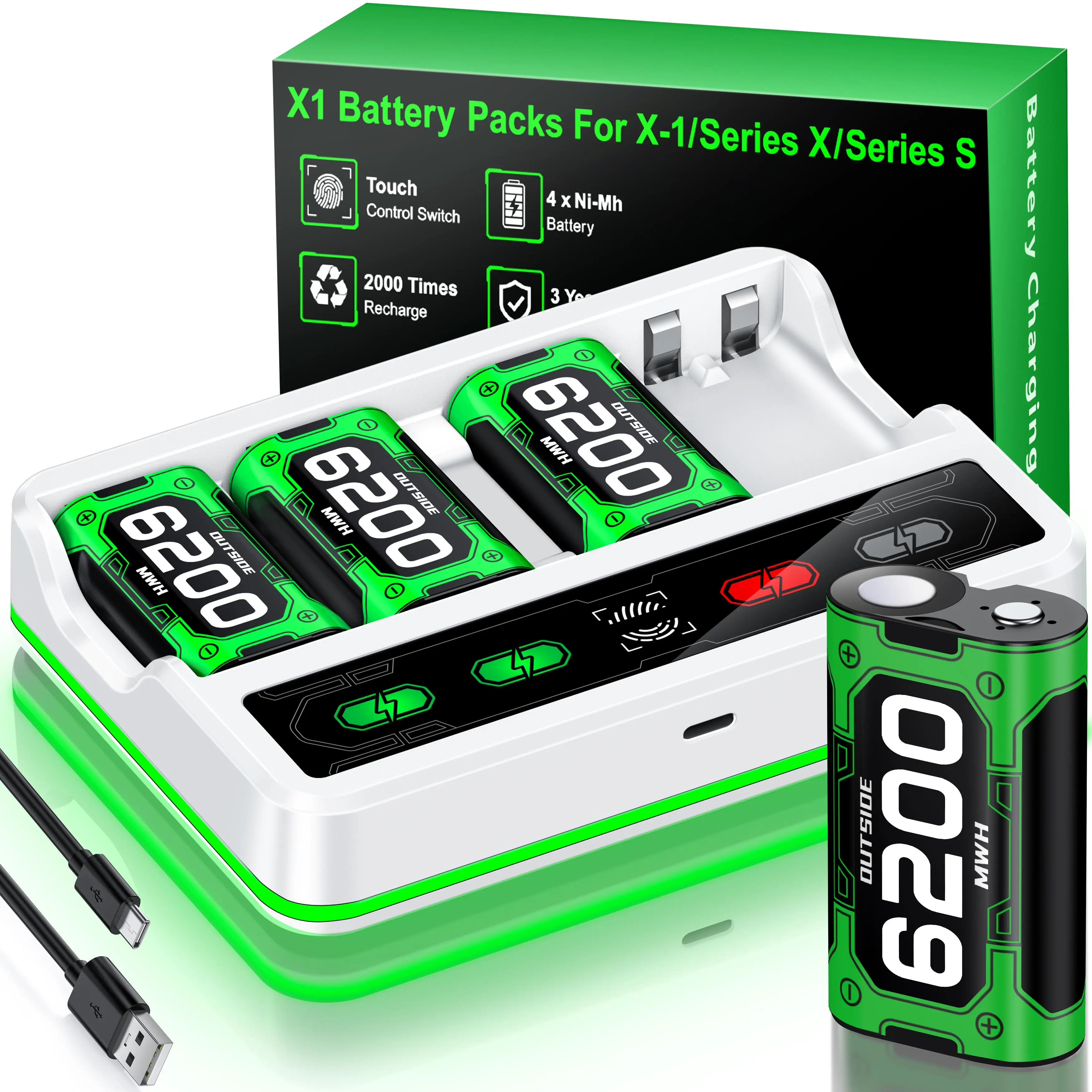 BEBONCOOL Rechargeable Battery Pack for Xbox Series X/S, 4-Pack 6200mAh Ambient Batteries with Customizable Charging Dock, 3 Charging Modes, LED Display, Storage Case, 15-20H Long-Lasting Gaming Power (White)