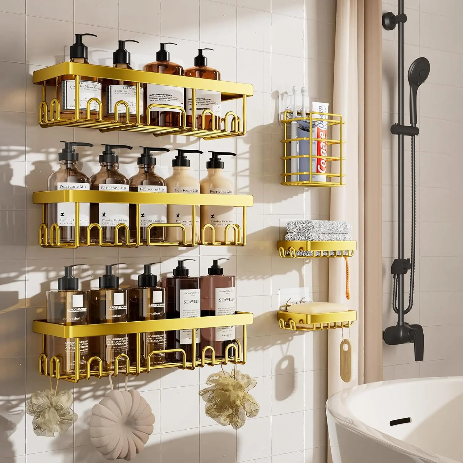 6-Pack Shower Organizer, Premium Rust Resistant Wall Shelves, No Drill Adhesive Mount Rack with Soap Dish, Large Capacity Storage Shelf for Bathroom Kitchen Home
