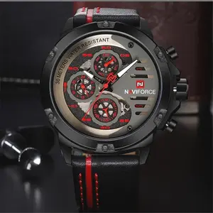 Naviforce Men's Chronograph Watch with Red Accents on Black Leather Strap Water-Resistant 30M
