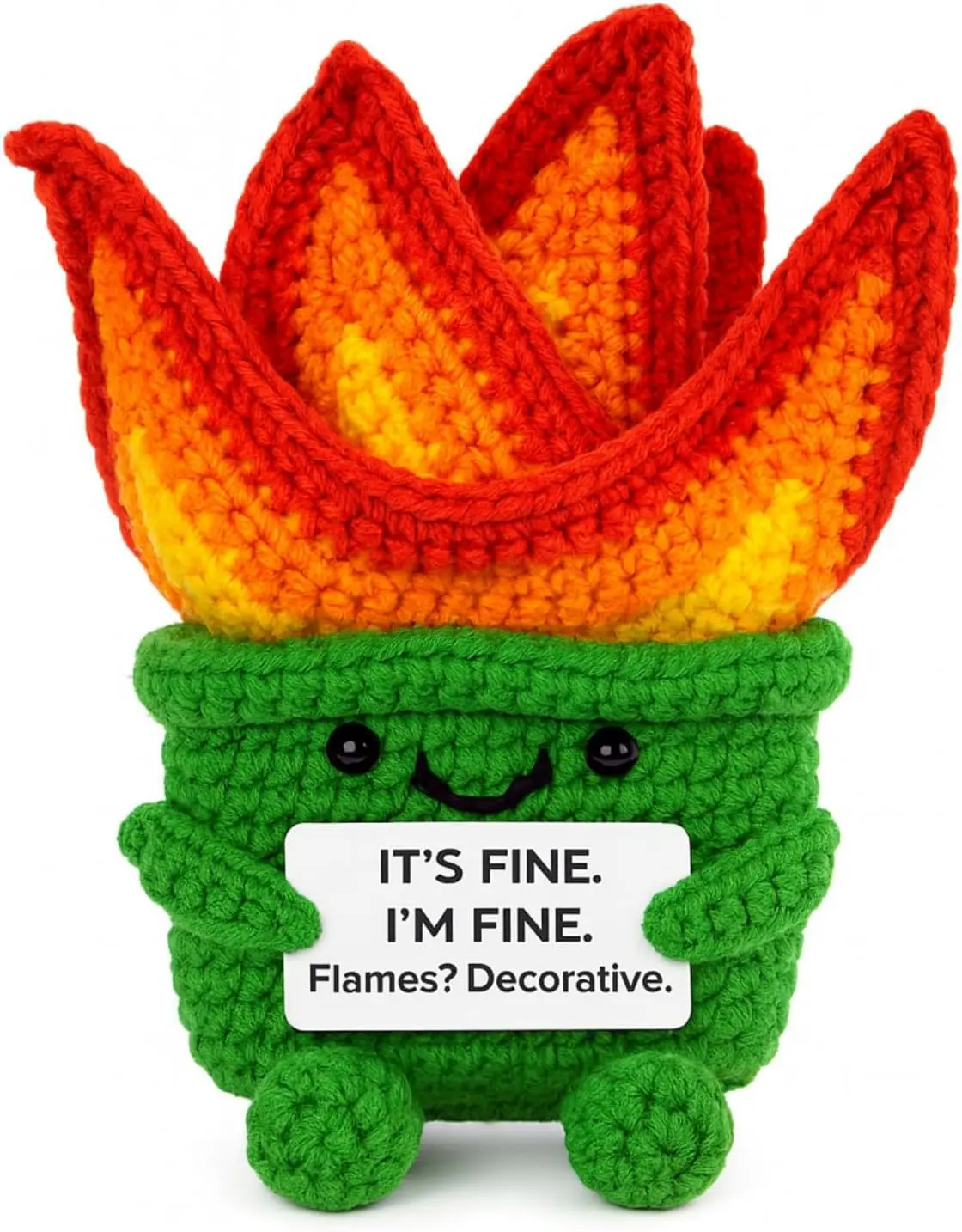 Funny Dumpster Fire Crochet Plush with Quote Card, Handmade Crochet Desk Decor, 5.5" Tall x 4" Wide, Hilarious Office Gag Gift for Coworkers Friends