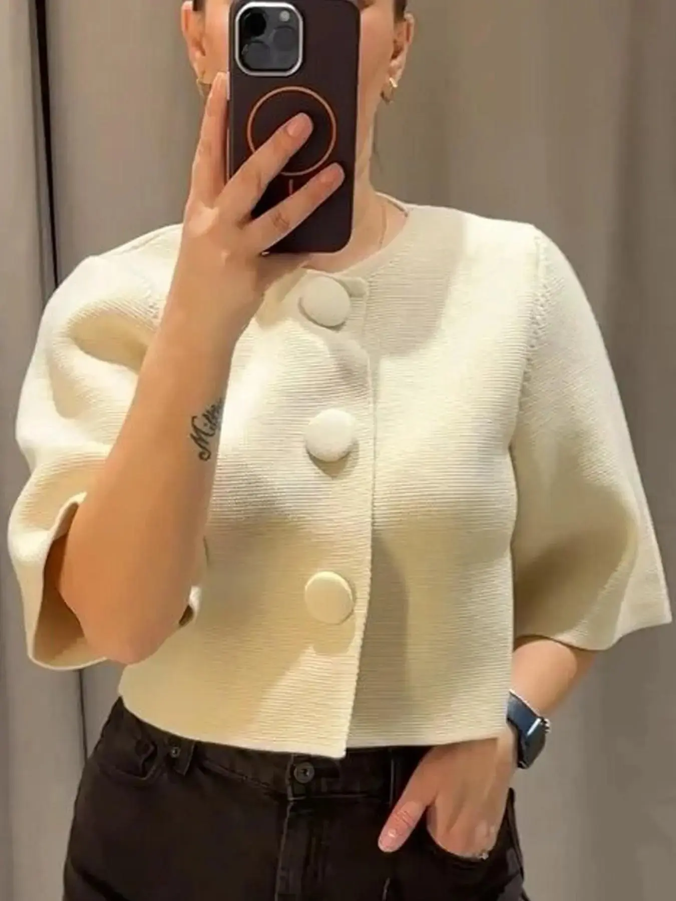 Women's Cropped Oversized Knit Cardigan Summer 2026 Casual Fashion Cream Button Sweaters O-Neck Short -Sleeve Bolero Tops For Woman Elegant Office Look & High Street Cardigan Oversize
