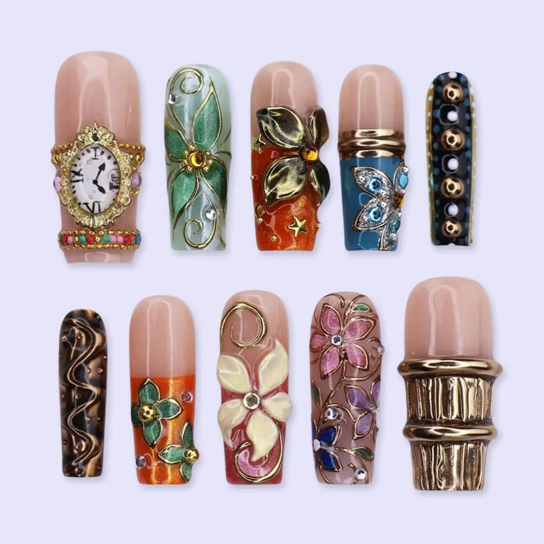 Maximal Press On Nails With Vintage Clock, 3D Flowers & Gold Chrome Details | Long Square Fake Nails | Handmade Nail Art for Vacation, Party