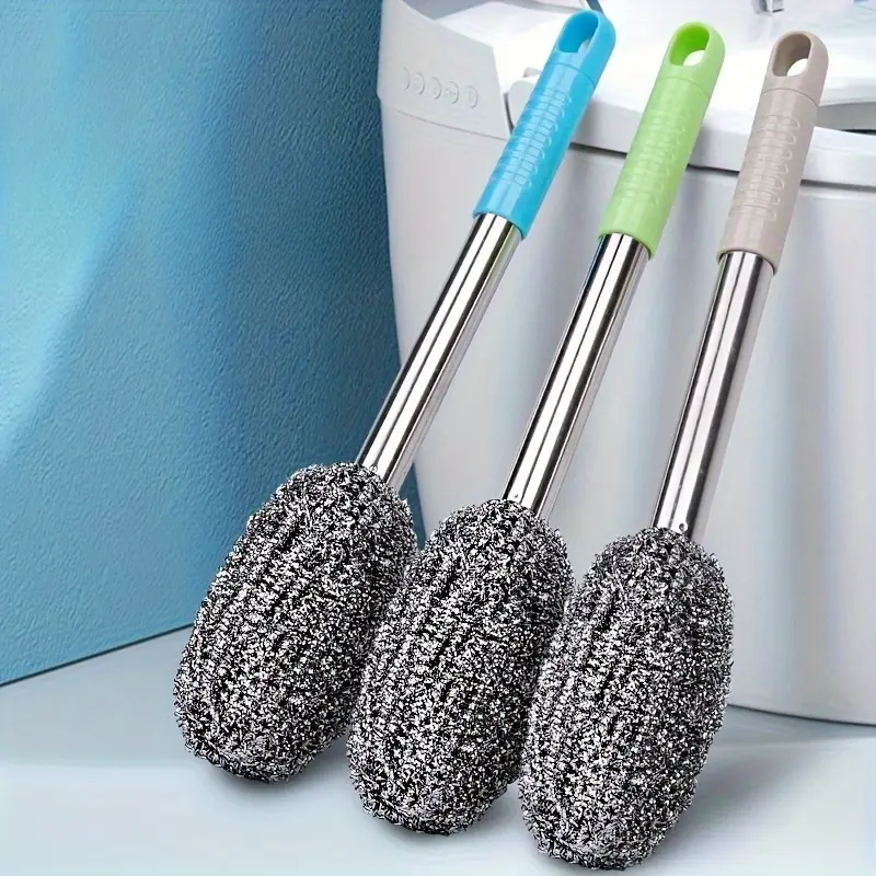 Stainless Steel Toilet Brush with Extended Handle - Powerful Bristles, Ergonomic Grip, Multiple Colors, for Deep Cleaning Bathroom Surfaces