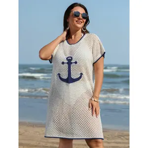 BLOOMCHIC Women's Plus Size Nautical Anchor Print Jacquard Color Contrast Tunic Swim Cover-Up - Beach Cover, Front-Cutout, Multi-Size M-6X, Modern Design, White 2026 Summer Swimweek, Front-Cutout Cover Ups,Spotlight,Summer wins,Deals for you days