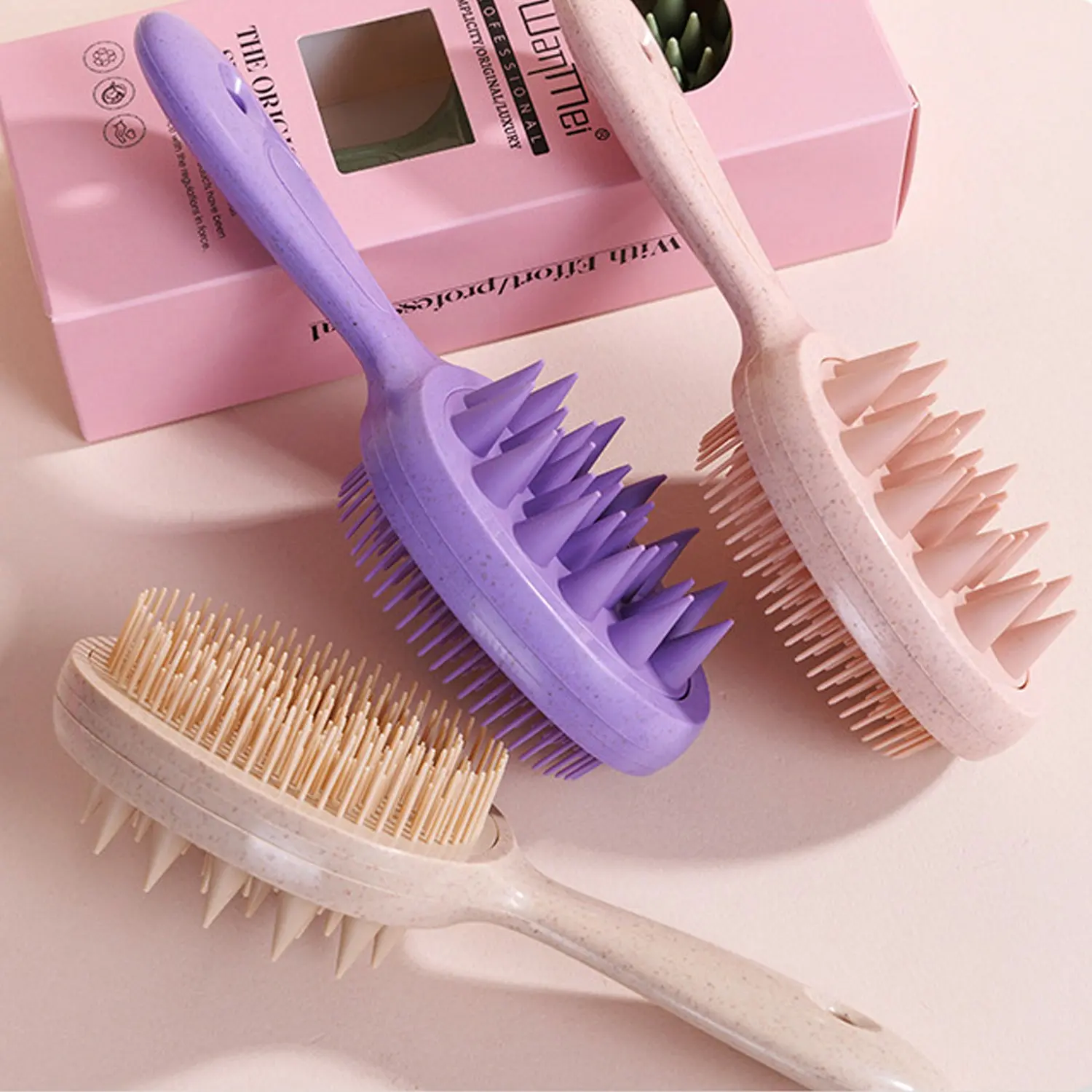 Double-Sided Scalp Massage & Detangling Hair Brush, Detangler Brush, Teaser Brush, Haircare Brush, Wheat Straw Shampoo Brush with Soft Silicone Scalp Scrubber for Wet & Dry Hair, Portable Hair Care Tool for Daily Use and Home Styling for Women