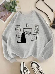 Women's Geometric Animal Print Knit Fleece Pullover Sweatshirt, Fall & Winter Loose-Fit Y2K Style Casual Everyday Holiday Wear