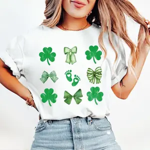 [Sale Up To 45%] St. Patrick’s Day Shamrock Bow Tee, Lucky Clover Irish T-Shirt, Cute Green Bow Shirt for Women, Festive Holiday Outfit