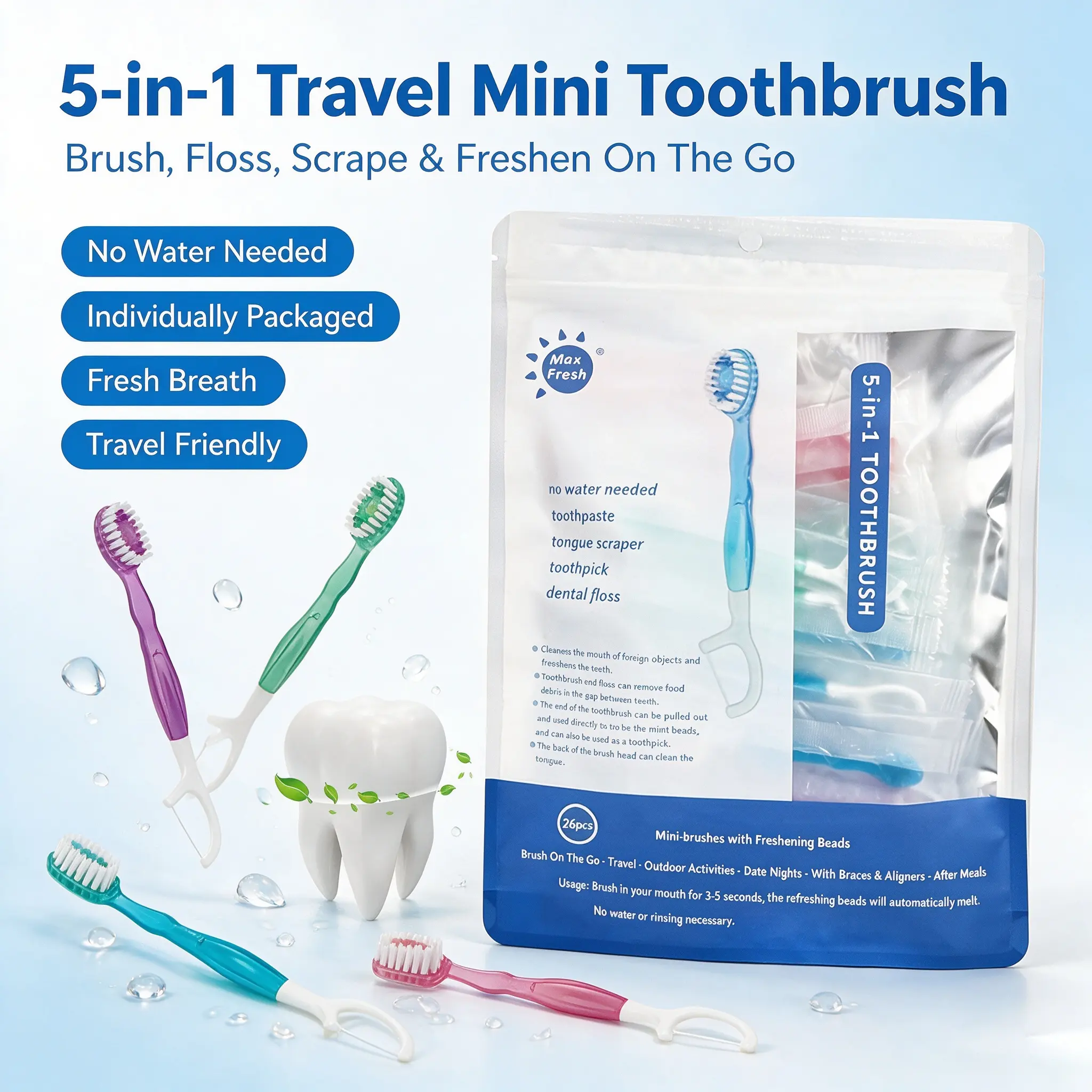 5-in-1 Mini Travel Toothbrush Set - 26-Piece Oral Hygiene Kit with Soft Bristles, Floss, Tongue Scraper, Toothpicks, Interdental Brush for Business Trips, On-the-Go Use & Fresh Breath