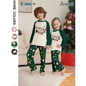 Fire-Resistant Fabric Christmas Pajama Set for Kids, Long Sleeve Top & Pants, Santa Print, Casual Fall/Winter Sleepwear