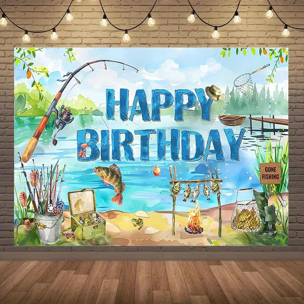 Printed Fishing-Themed Polyester Hanging Cloth Banner, Men's 'Gone Fishin' Party Decor for Lake Anglers' Photo Sessions, Outdoor Party Wall Decoration Backdrop