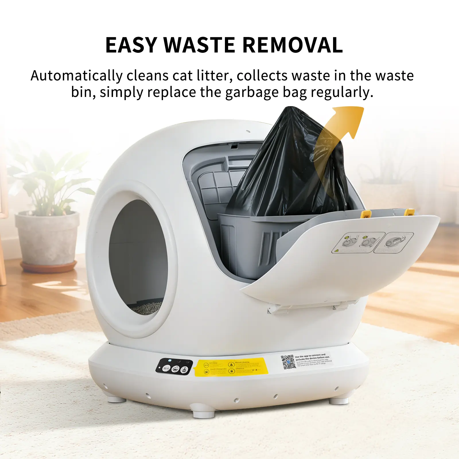 Open-top smart self-cleaning cat litter box with smartphone app control, safety sensors, odor control design, and a fully enclosed 78 L compartment.