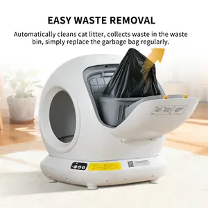 Open-top smart self-cleaning cat litter box with smartphone app control, safety sensors, odor control design, and a fully enclosed 78 L compartment.