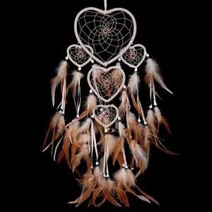 Dream Catcher with Feathers, Heart Shaped Dream Catcher Indians Traditional Love Net Wall Hanging Bedroom Home Car Decor (Beige)