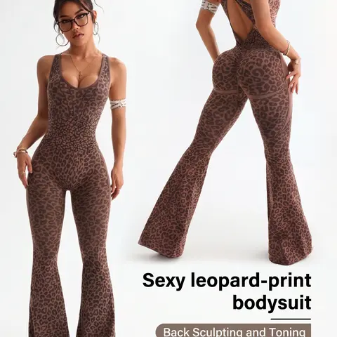 NVWA Women's Stylish Leopard Print Flared Sports Jumpsuit - Backless Hollow Cross-Twisted Back, High-Waist, Quick-Dry, Figure-Flattering Activewear for Yoga, Gym - Workout Gym Clothing, Female Stylish Clothes,outdoorfun