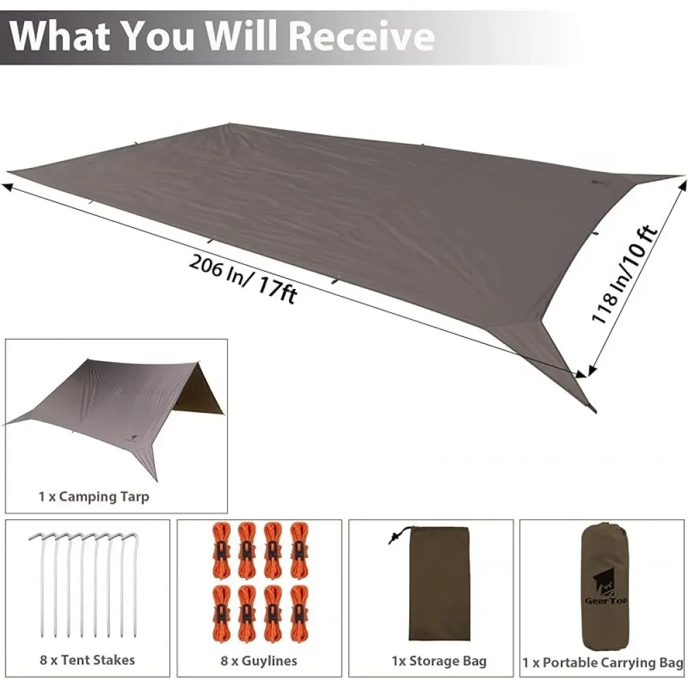 GEERTOP 17 × 10 ft Large Camping Tent Tarp Rain Fly Backpacking Tent Tarp Shelter for Hiking Travel Picnic (Not Includes Poles)