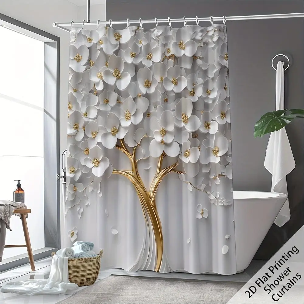 2D Flat, 2D Flat, 1pc, 2D Flat Printing Artistic White Flowers Shower Curtains, Bathroom Curtains, Cartoon Cute Home Decoration Bath Curtain with 12 Hooks Suit for Bathtub