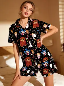 Women's Cartoon Labyrinth Fitted Graphic Geometric Sleepwear Loungewear Pajamas Set, Soft Lightweight Sleeping Clothes, Comfortable for Everyday Casual and Sleep, All Seasons