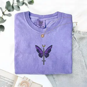 Embroidered Comfort Colors Dark Feminine Fantasy Shirt, Butterfly Sword Aesthetic Shirt, Witchy Booktok Shirt, Minimal Gothic Style Shirt, Gift for Fantasy Lovers