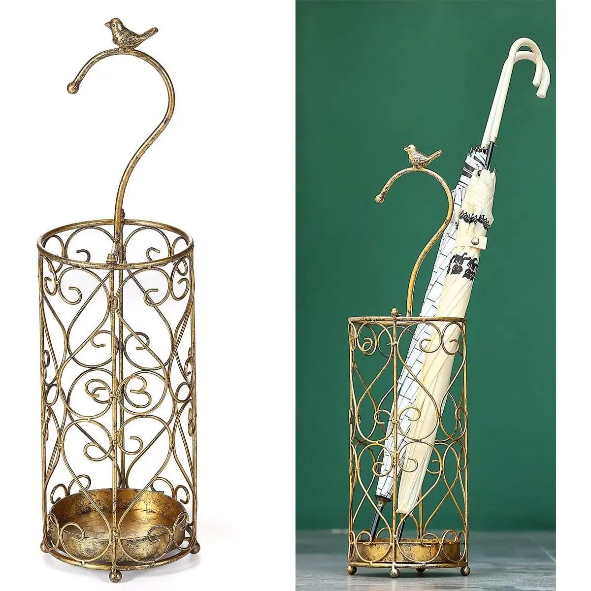Antique Gold Cast Iron Bird Handle Umbrella Rack Stand with Drip Tray, Entryway Organiser That Fits Canes and Walking Sticks