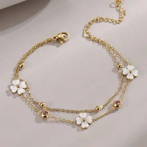 1pcs Women Dainty Double Layer Ankle Bracelet White Shell Four Petal Flower Anklet with Pink and White CZ Beads Adjustable Chain Summer Beach Foot Jewelry Trendy Jewelry Boho Style Jewelry Gift for Her Boho Anklet